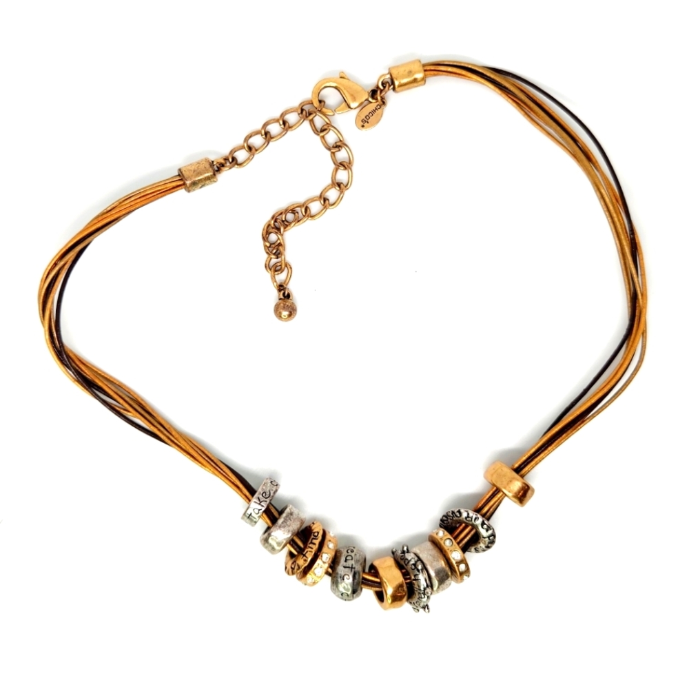 Chico's Multi-strand Cord Necklace Inspirational Charm Disc Silver Gold Tone